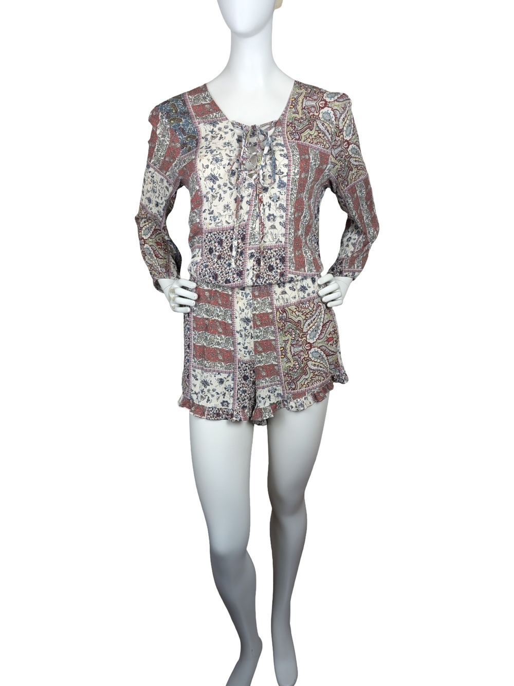 American Eagle Boho Festival Western Paisley Lace-Up Romper Size L